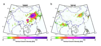 中國(guó)和印度分別在2005年和2016年各自的二氧化硫濃度。用杜伯生單位表示（一種關(guān)于臭氧的度量單位，1Du=2.691016分子每平方厘米）